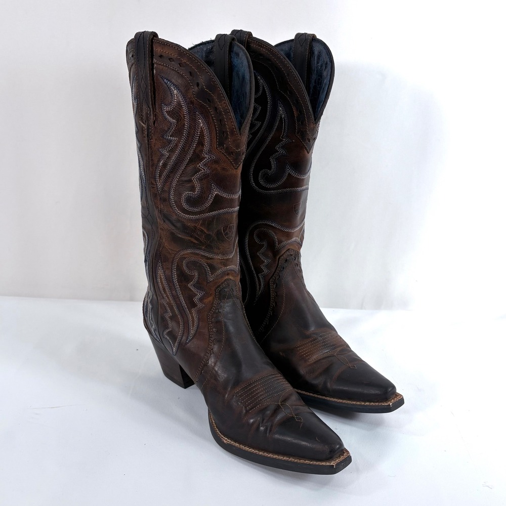 Ariat Heritage Cowboy Boots Brown Leather Embroidered Snip Toe Womens Sz 6B